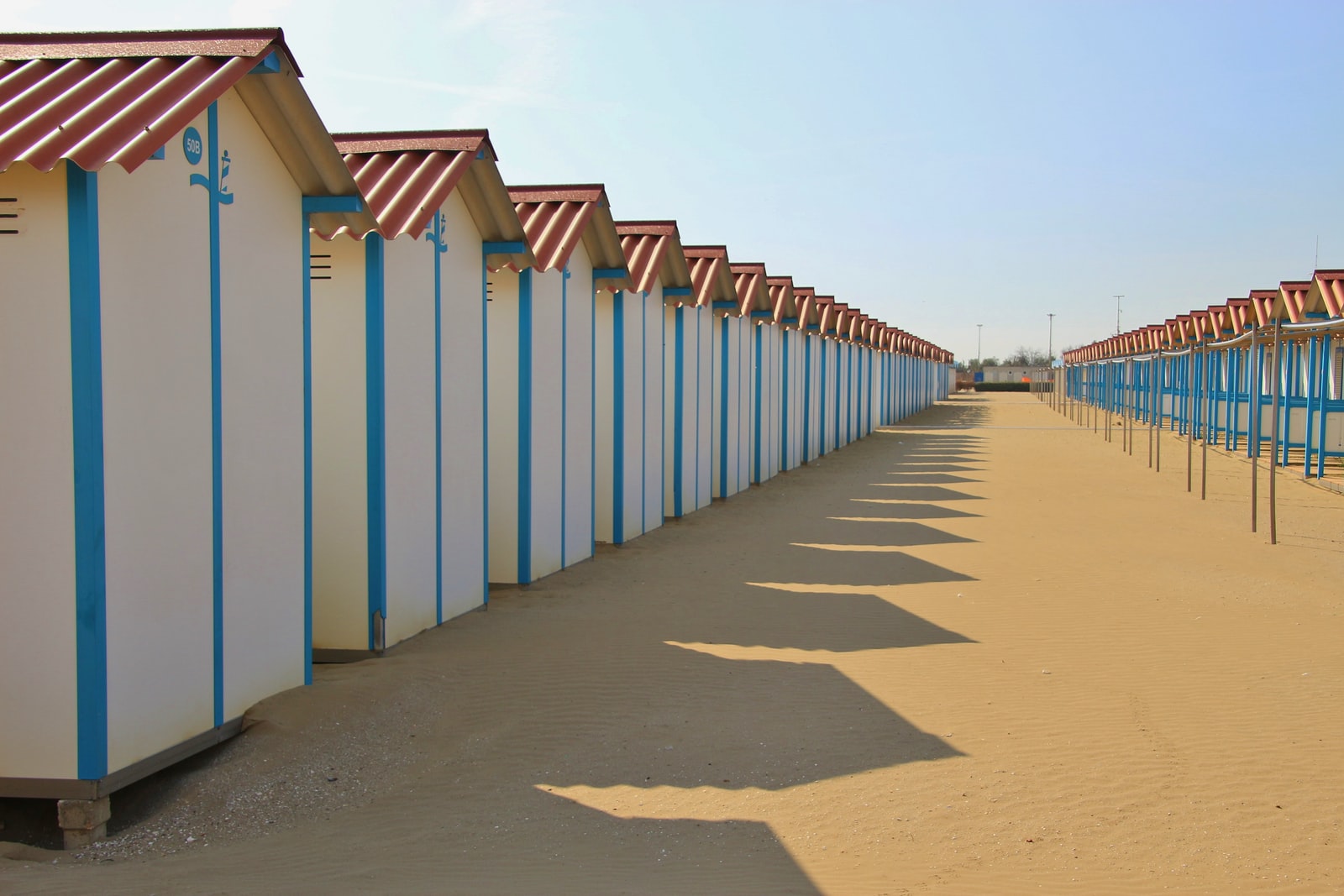 Closed beach huts on the famous Lido beach in Venice