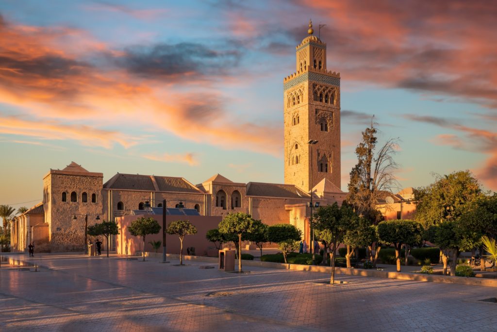 Landscape with Koutoubia Mosque at sunset time, Marrakesh, Morocco