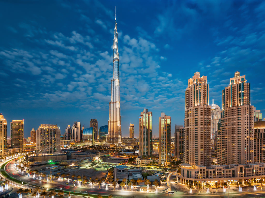 Burj Khalifa With Dubai Downtown Towers at Sunset