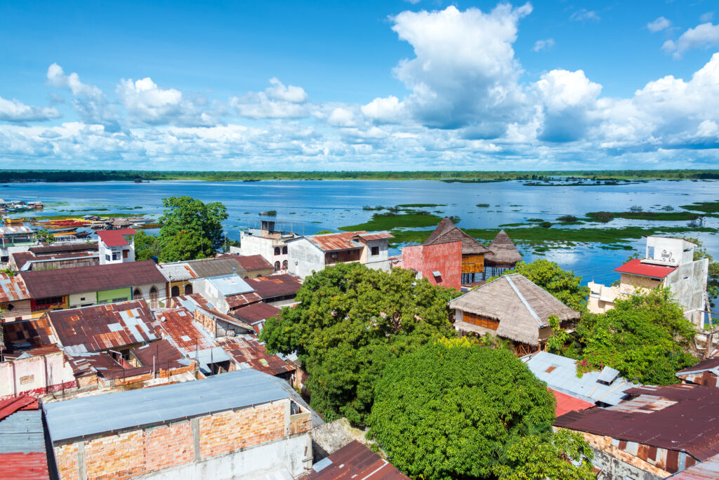 Cityscape view of Iquitos, Peru with the Itaya River in the background in the middle of the Amazon Rain Forest