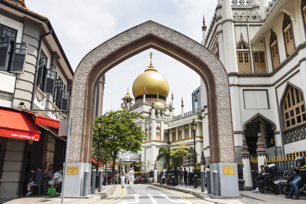 Singapore- July 16, 2024: Building view of the Sultan Mosque and beautiful granite arches at Muscat Street in Kampong Glam, Singapore.