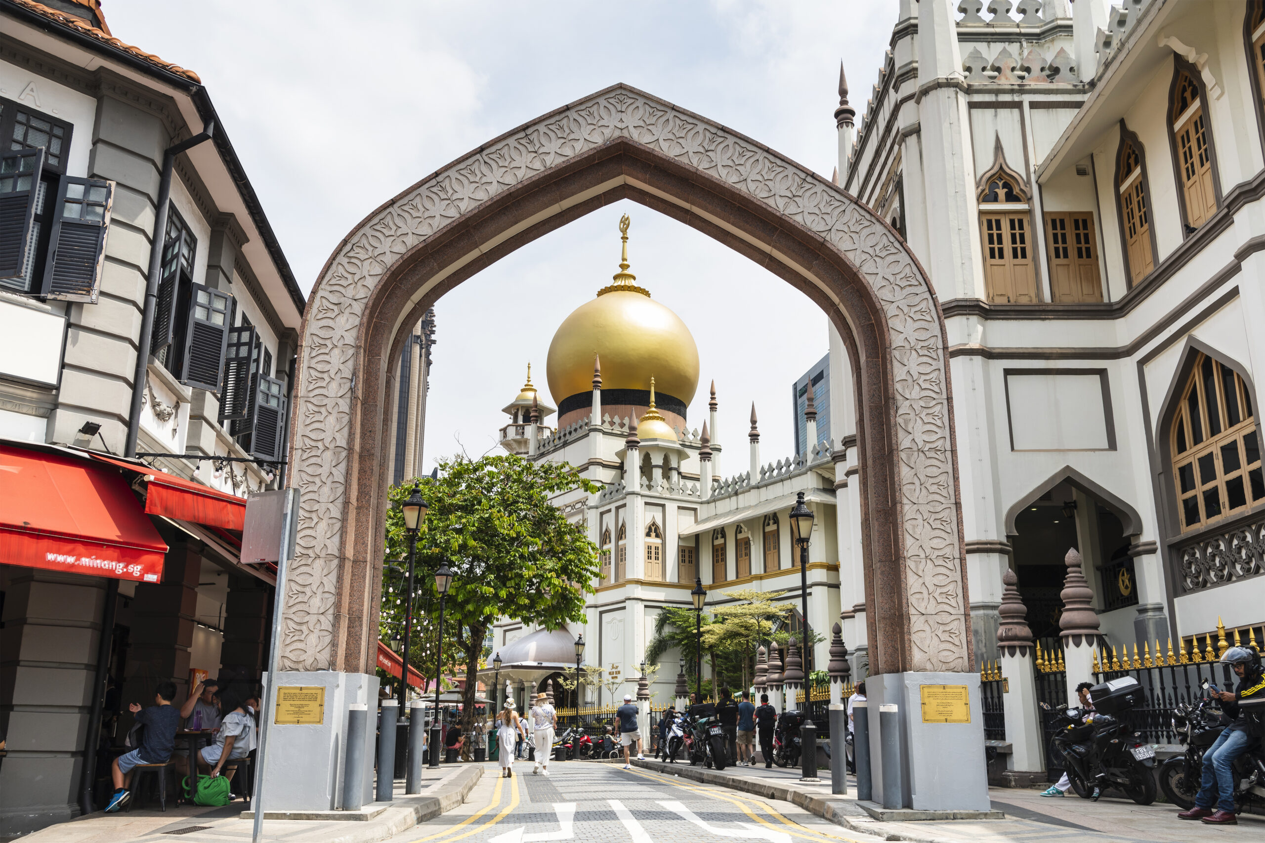 Singapore- July 16, 2024: Building view of the Sultan Mosque and beautiful granite arches at Muscat Street in Kampong Glam, Singapore.