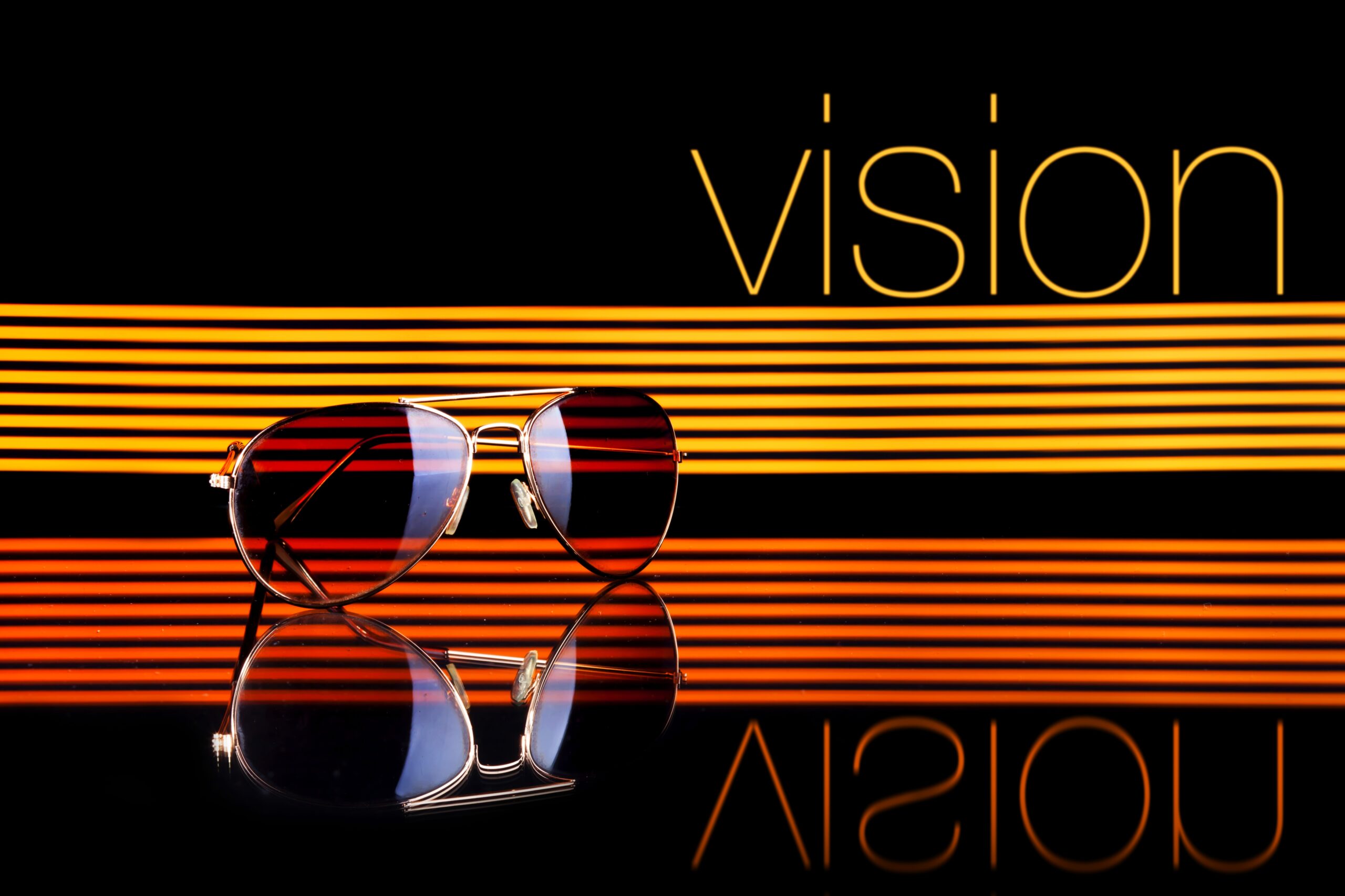 Vision and sunglasses poster colorful lines on black background
