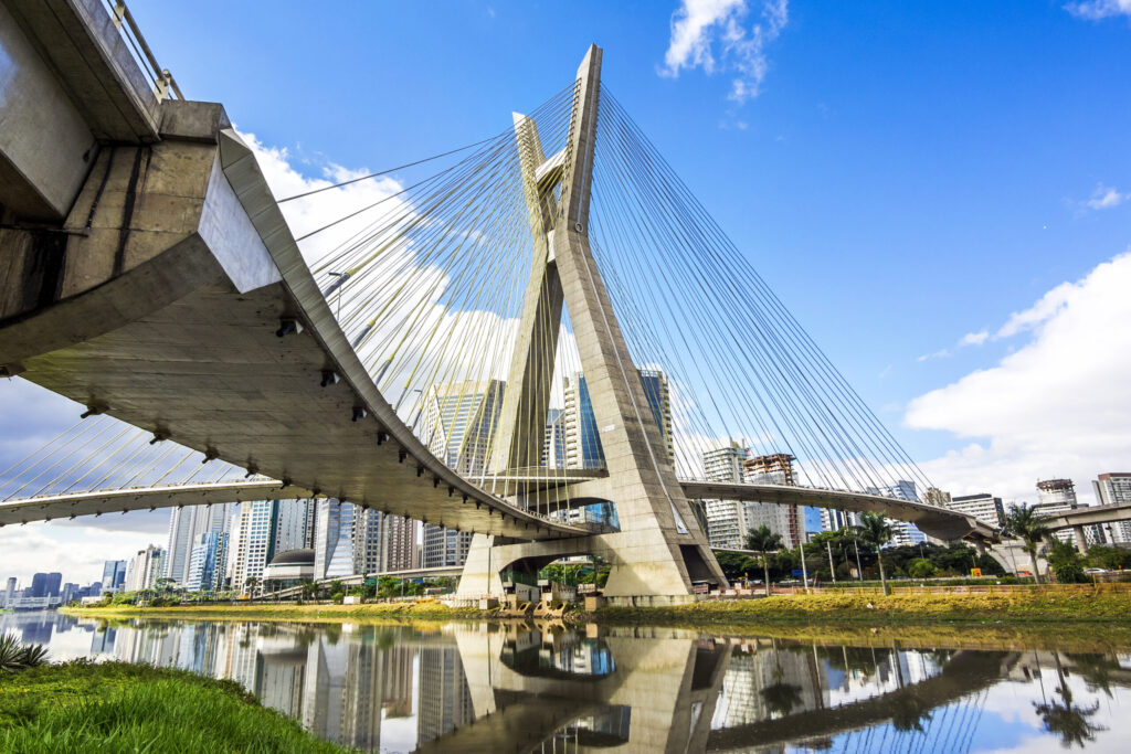 Octavio Frias de Oliveira Bridge, or Ponte Estaiada, in Sao Paulo, Brazil.