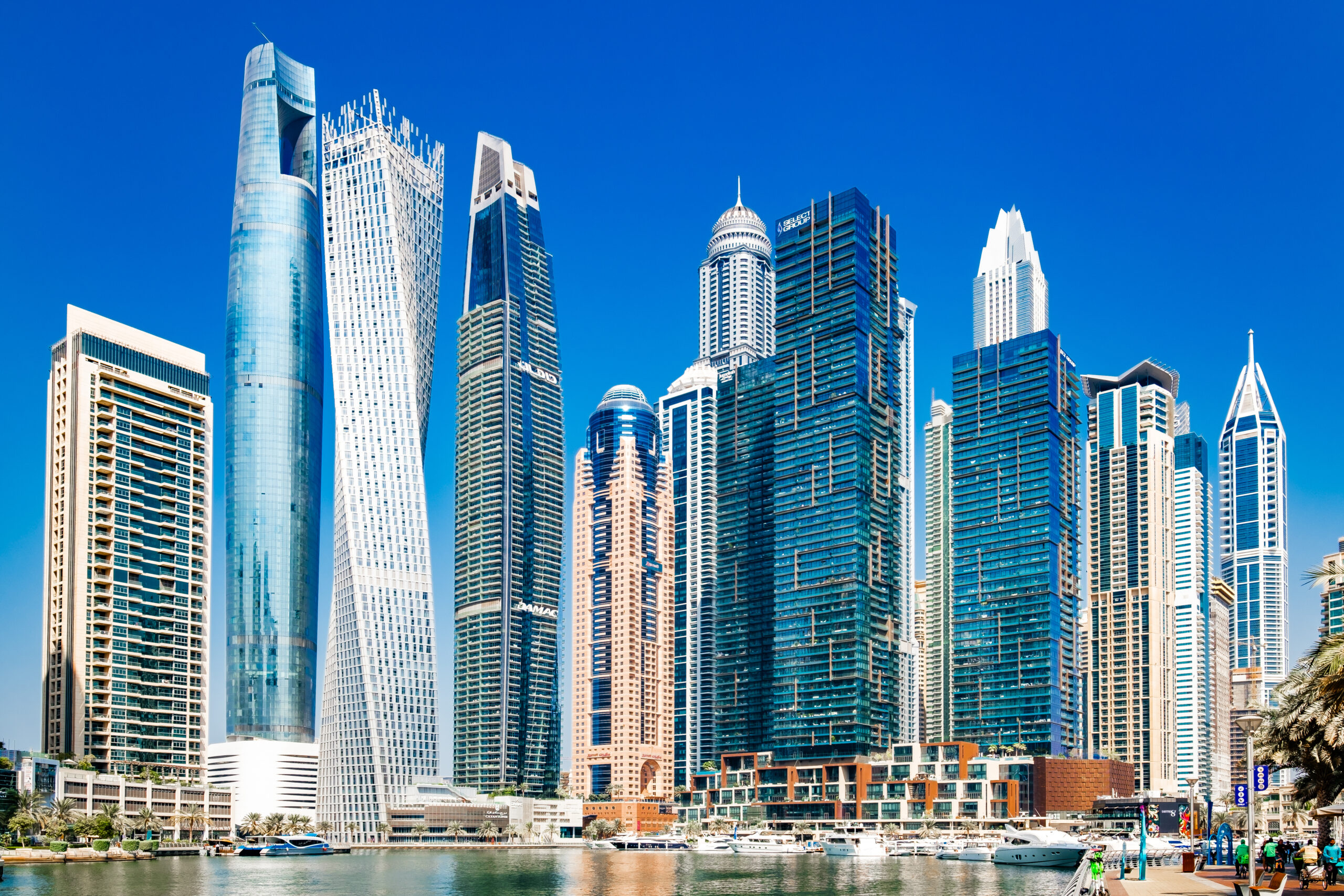 Dubai, UAE - october 22, 2024: skyscrapers Dubai Marina, Ciel Tower, Cayan Tower, DAMAC Heights, Princess Tower