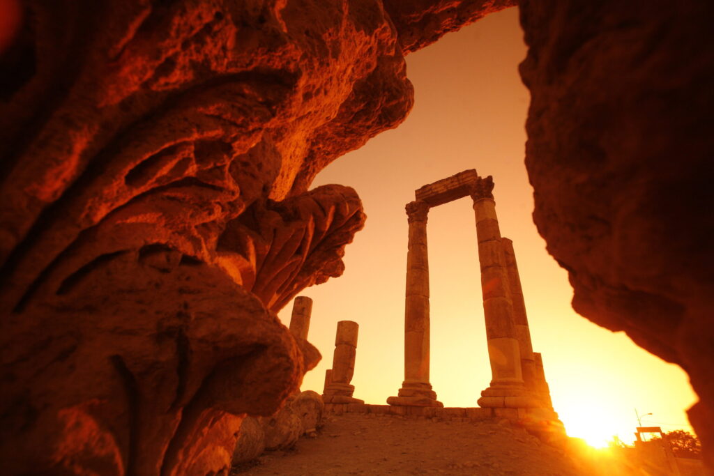 The Ruins of the citadel Jabel al Qalah in the City Amman in Jordan in the middle east.