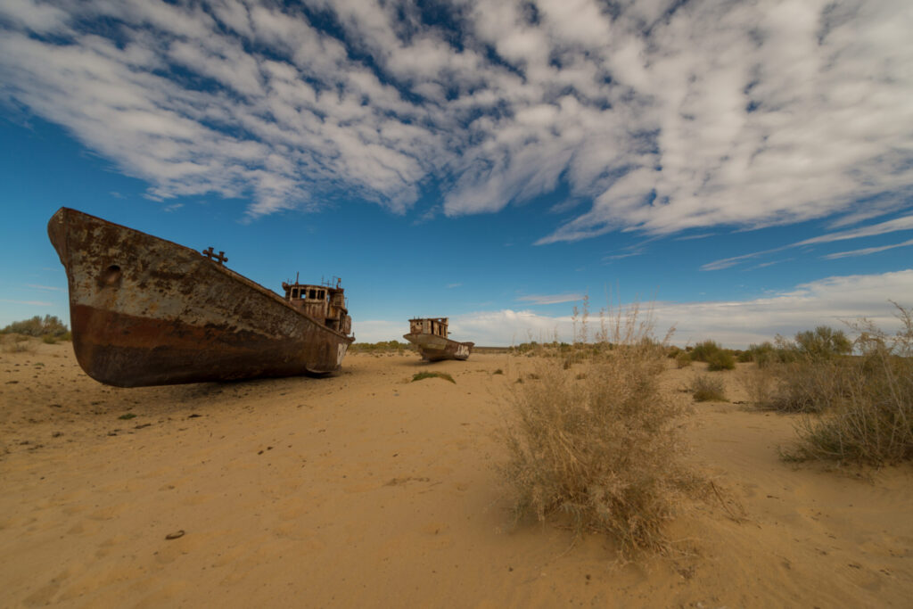 Aral lake, rusted ships in the sand, Uzbekistan