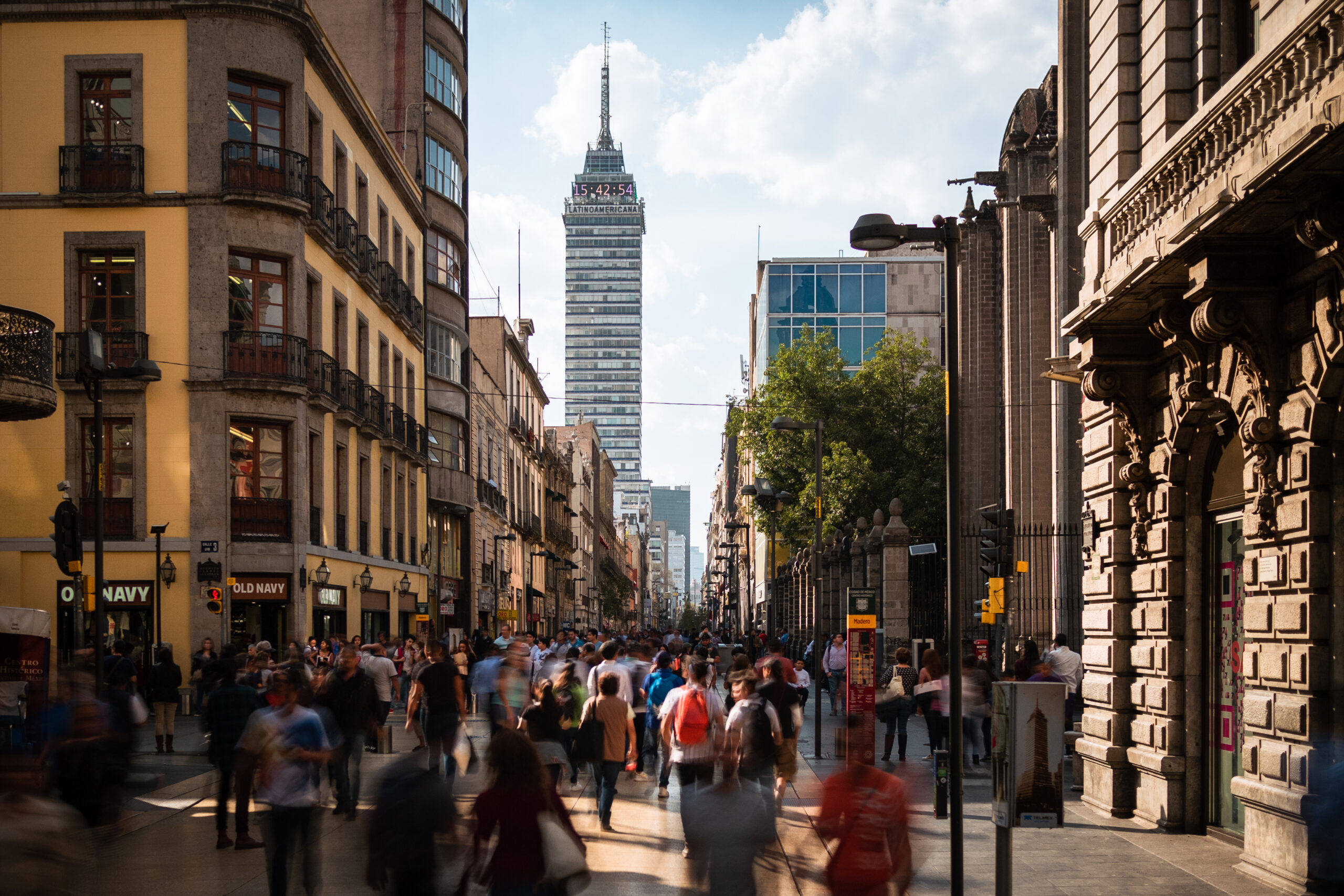 Mexico City, Mexico - January 26, 2019: Pedestrians on the famous Madero Walking Street in the Historic Center of Mexico City, Mexico.
