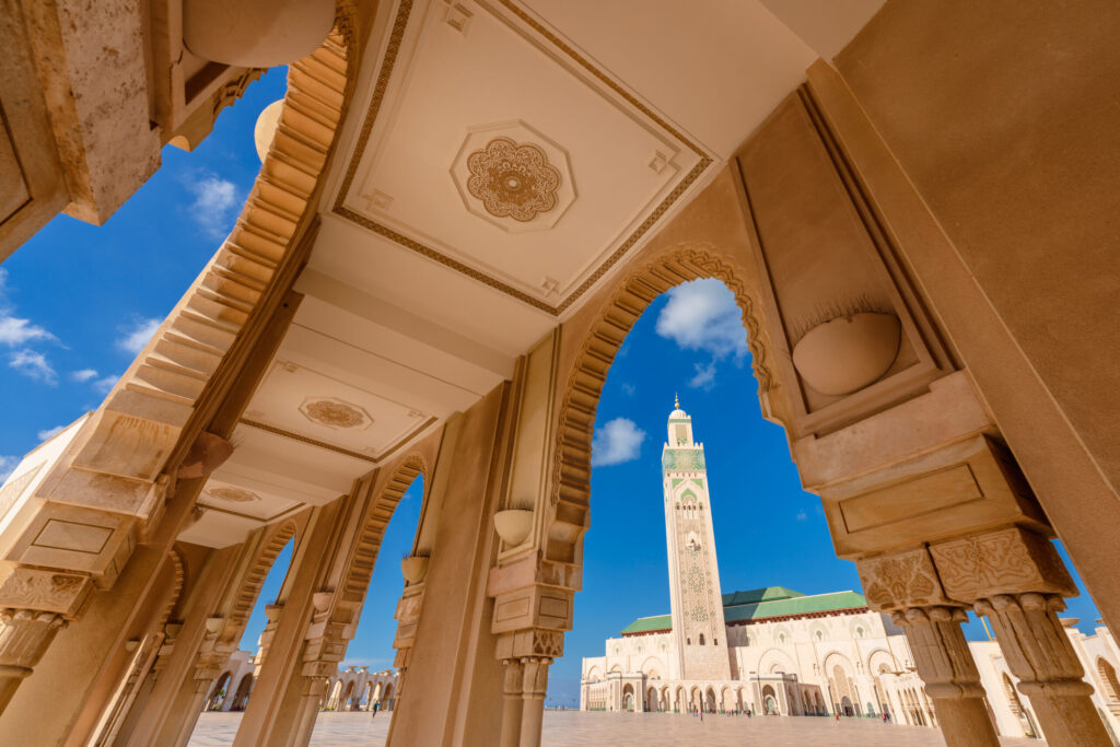 View of Mosque Hassan II in Casablanca, Morocco. Beautiful Islamic landmark in North Africa.