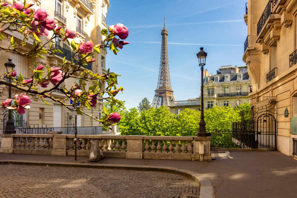 Eiffel tower and streets of Paris in spring, France