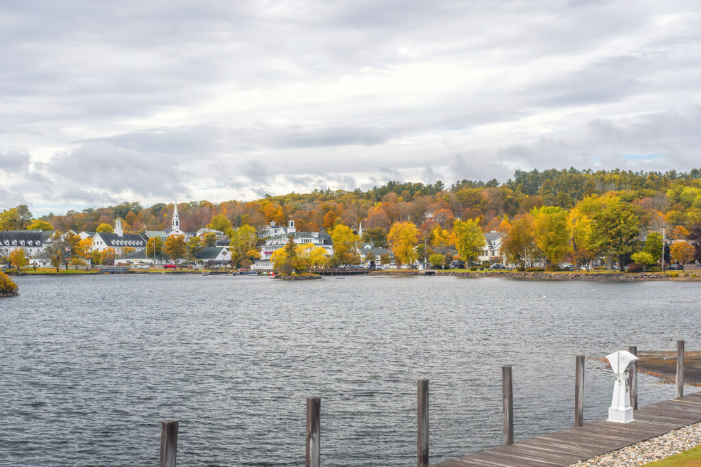 Meredith waterfront on Lake Winnipesaukee in autumn