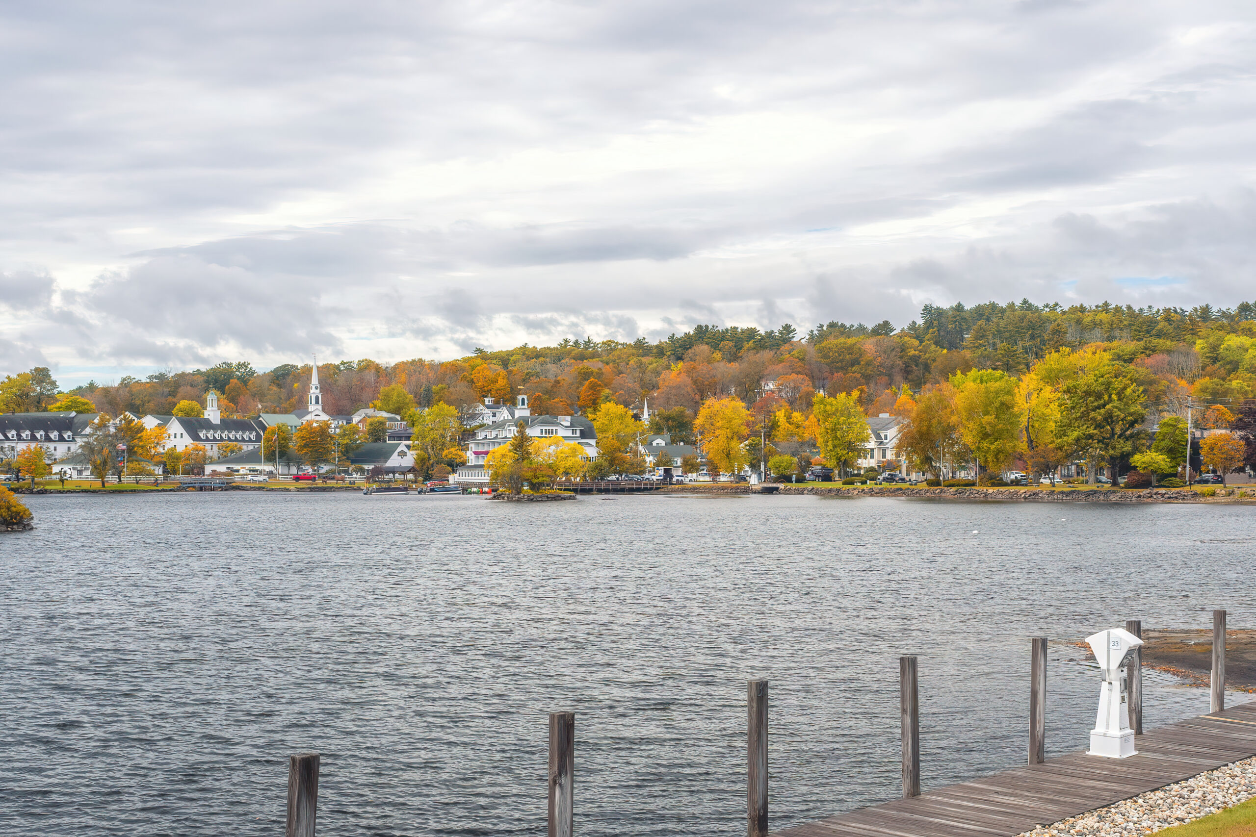 Meredith waterfront on Lake Winnipesaukee in autumn
