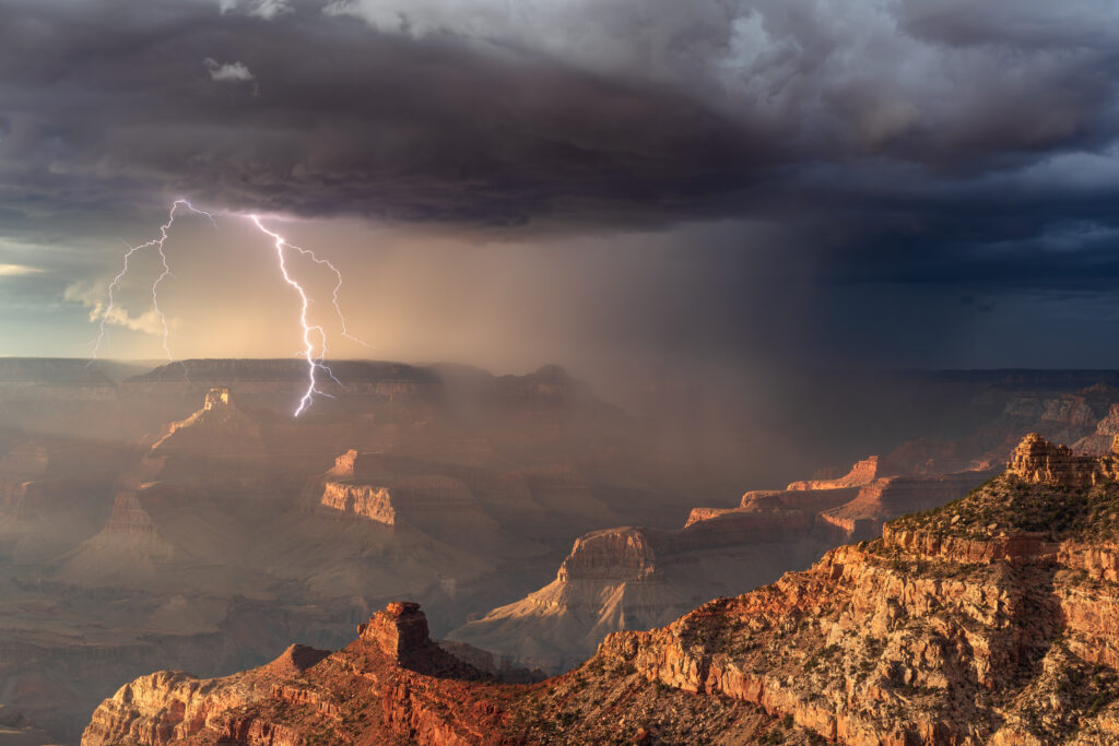 Lightning strikes over Grand Canyon National Park during a monsoon storm