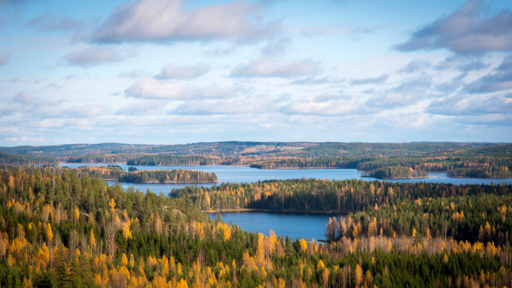 Autumn forest and lakes seen from Neitvuori in Finland's Lake Saimaa region